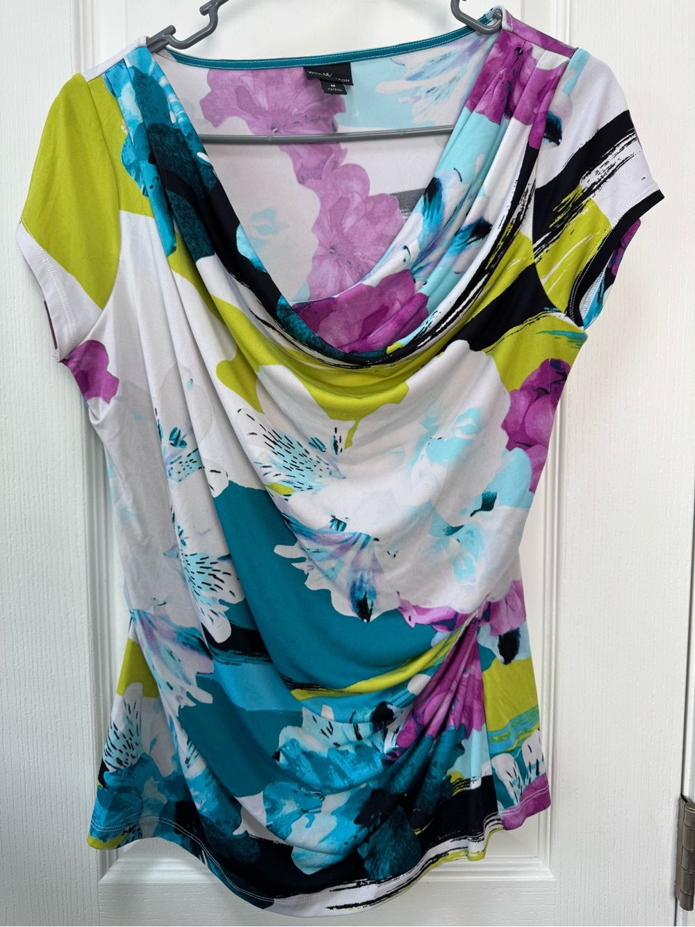 Worthington Floral Cowl Neck Top - Teal, Purple & Lime